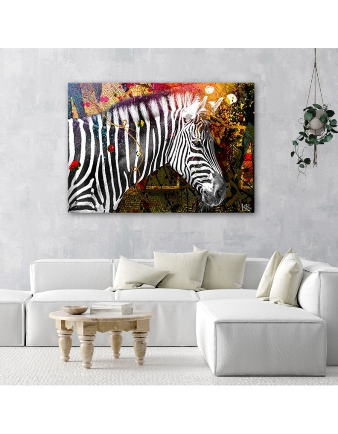 Zebra on coloured background canvas painting for living room | FEEBY