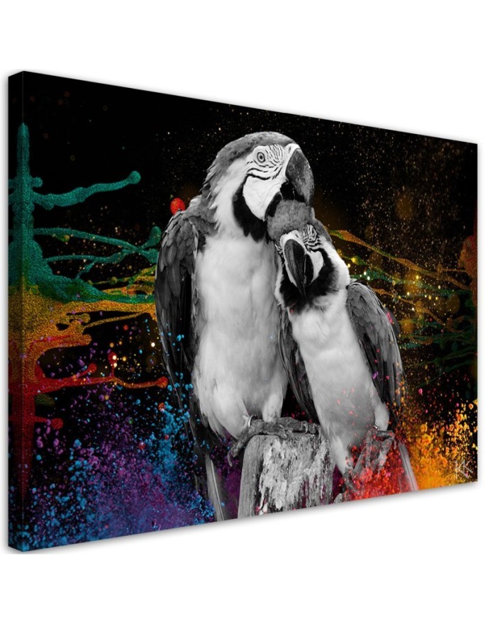 Colourful parrots abstract canvas wall art decoration | FEEBY