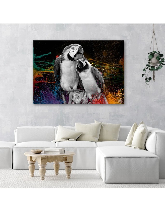 Colourful parrots abstract canvas wall art decoration | FEEBY