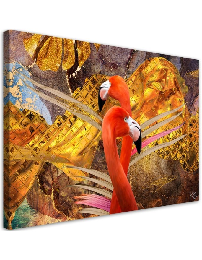Wall art painting for living room Flamingos on gold background | FEEBY