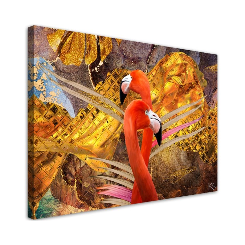 Wall art painting for living room Flamingos on gold background | FEEBY