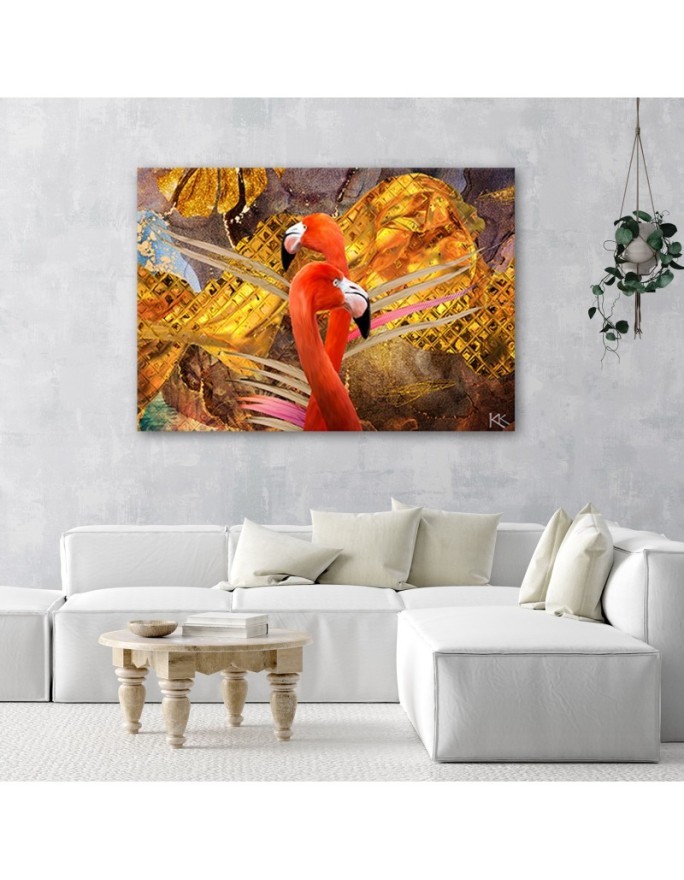 Wall art painting for living room Flamingos on gold background | FEEBY