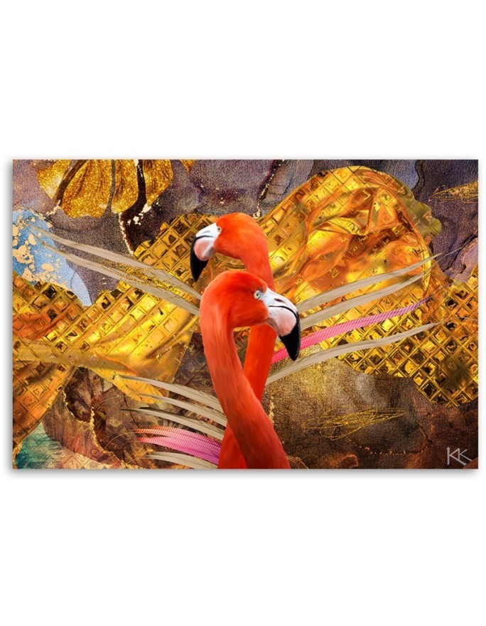 Wall art painting for living room Flamingos on gold background | FEEBY