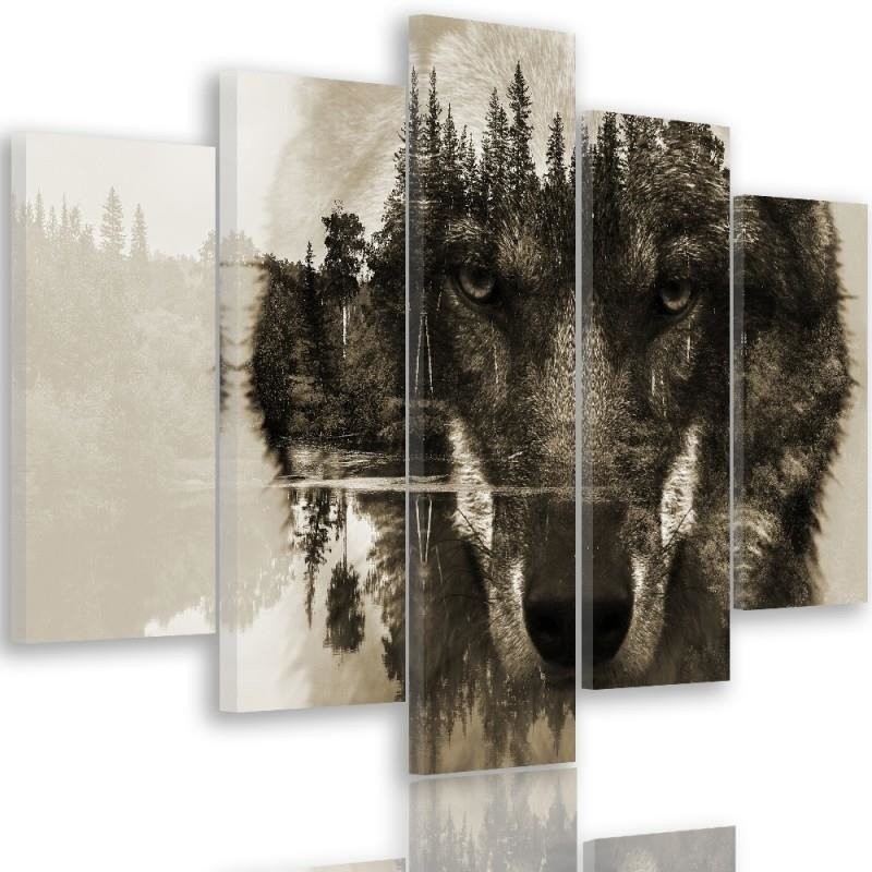 5 Piece Wolf on the background of the forest brown Wall painting for living room 5-part | FEEBY