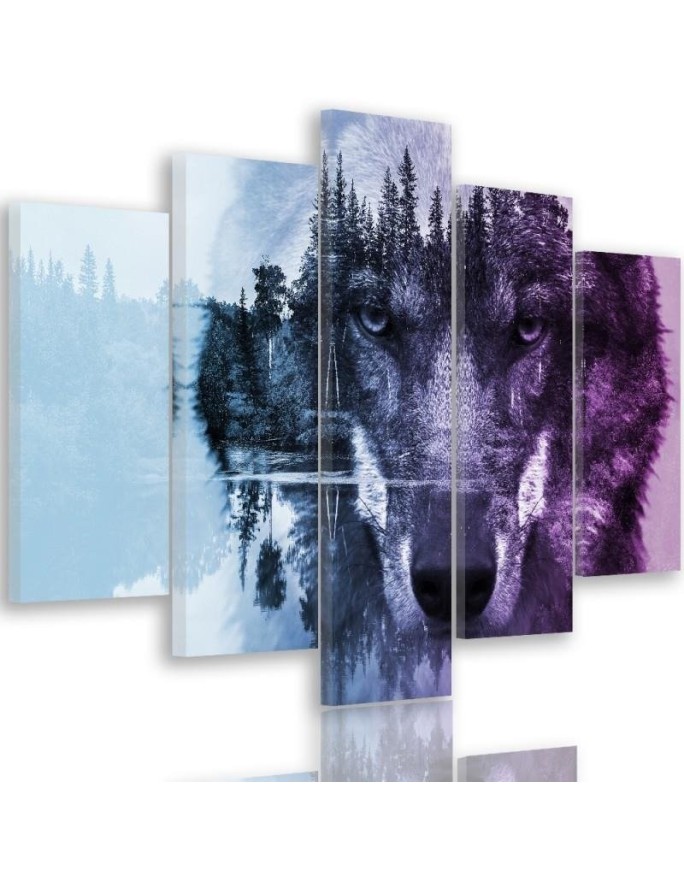 Canvas print for living room 5-part canvas Wolf on the background of the forest purple | FEEBY