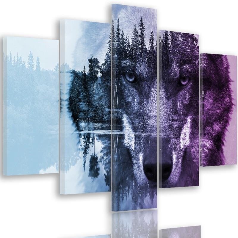 Canvas print for living room 5-part canvas Wolf on the background of the forest purple | FEEBY