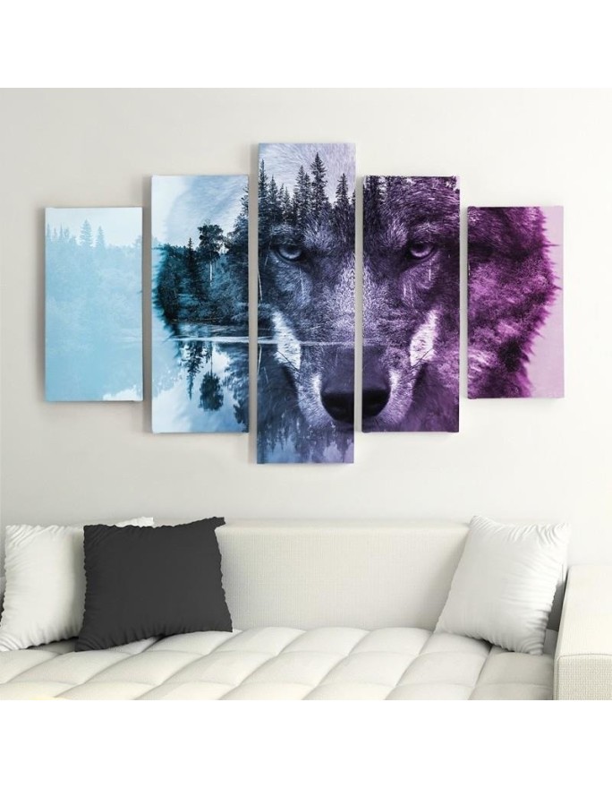 Canvas print for living room 5-part canvas Wolf on the background of the forest purple | FEEBY