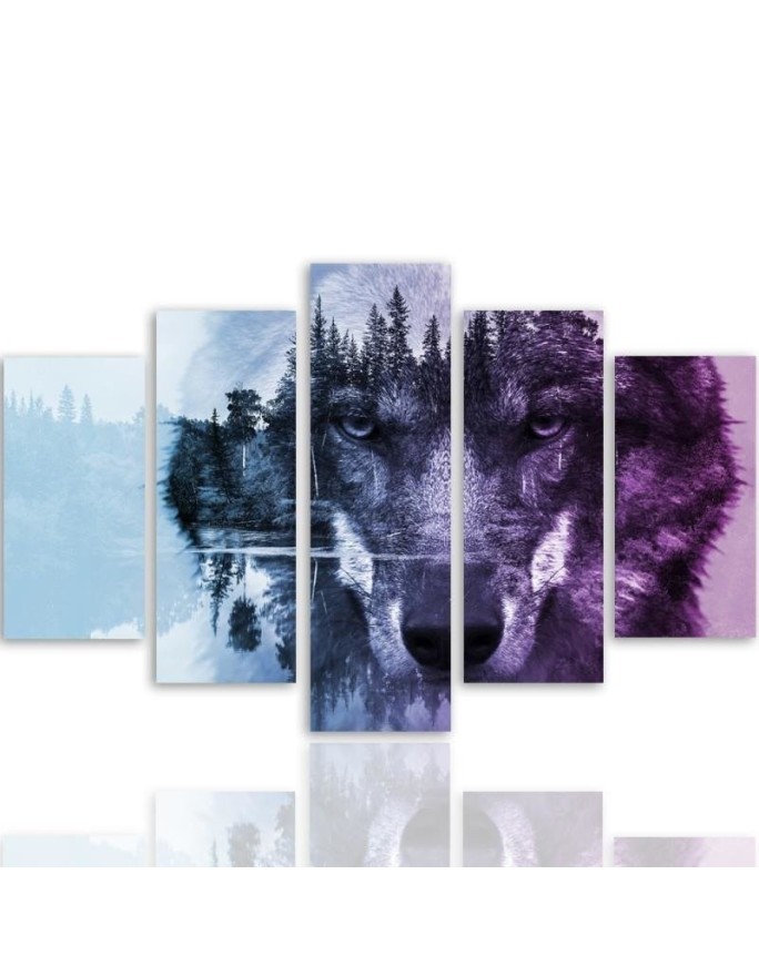 Canvas print for living room 5-part canvas Wolf on the background of the forest purple | FEEBY