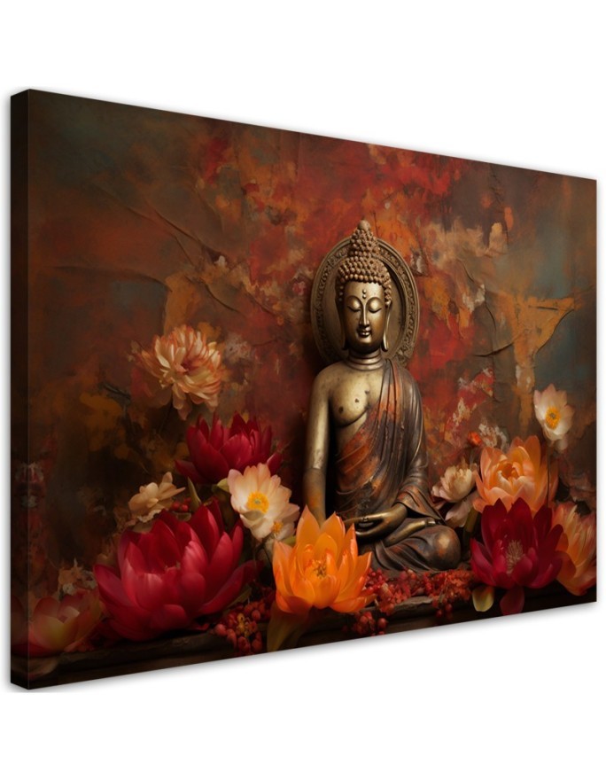 AI Wall art painting - Meditating Buddha and colourful flowers | FEEBY