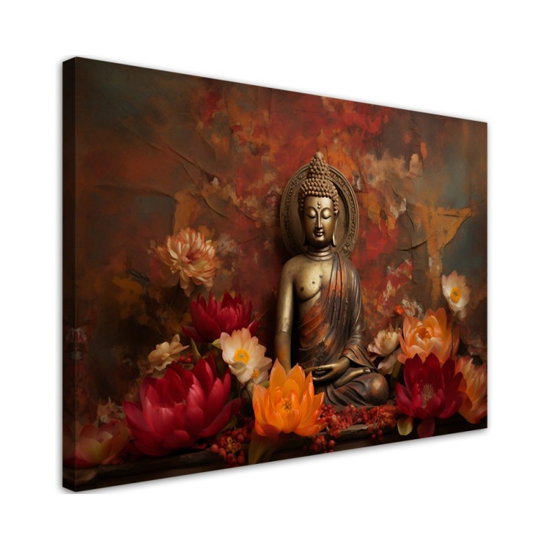 AI Wall art painting - Meditating Buddha and colourful flowers | FEEBY