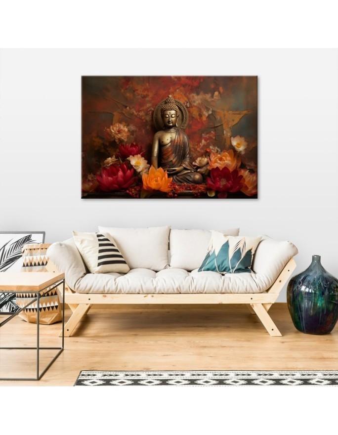AI Wall art painting - Meditating Buddha and colourful flowers | FEEBY