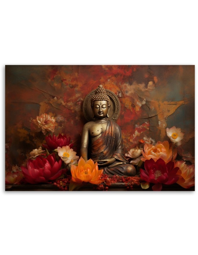 AI Wall art painting - Meditating Buddha and colourful flowers | FEEBY