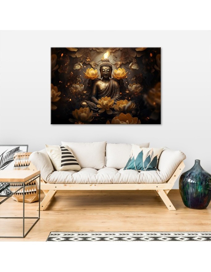 Modern AI Canvas paintings for living room - Golden Buddha and lotus flowers | FEEBY