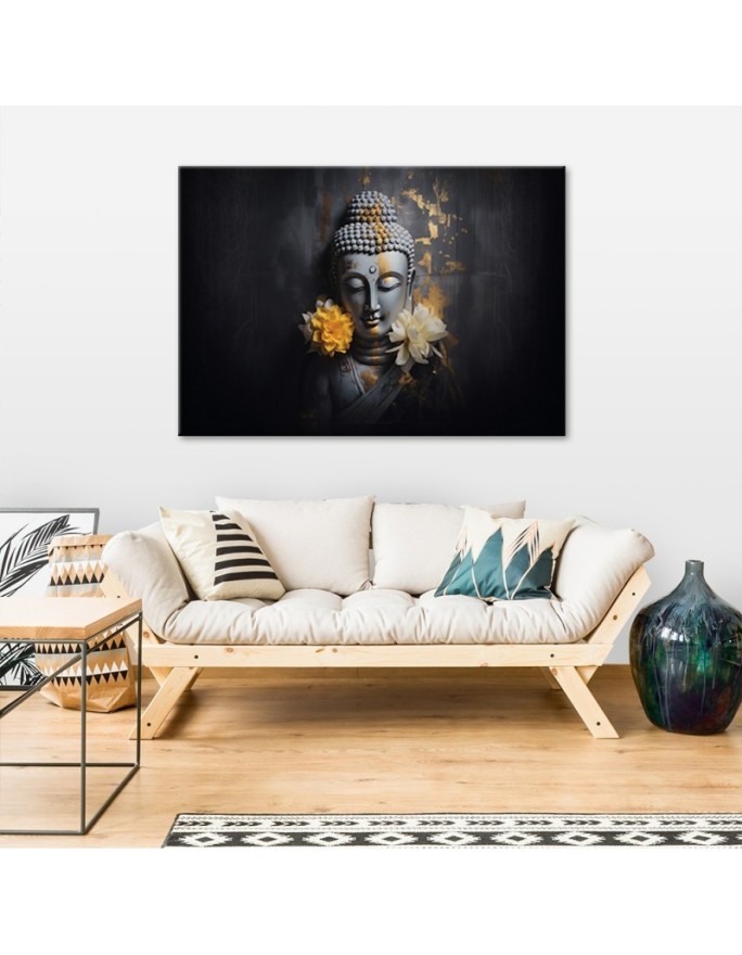 AI Prints Canvas prints for the living room - Grey Buddha and flowers | FEEBY