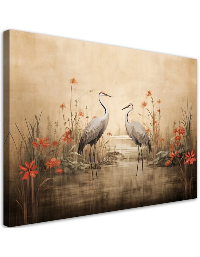 Stylish AI Canvas paintings for the living room - Cranes on a lake | FEEBY