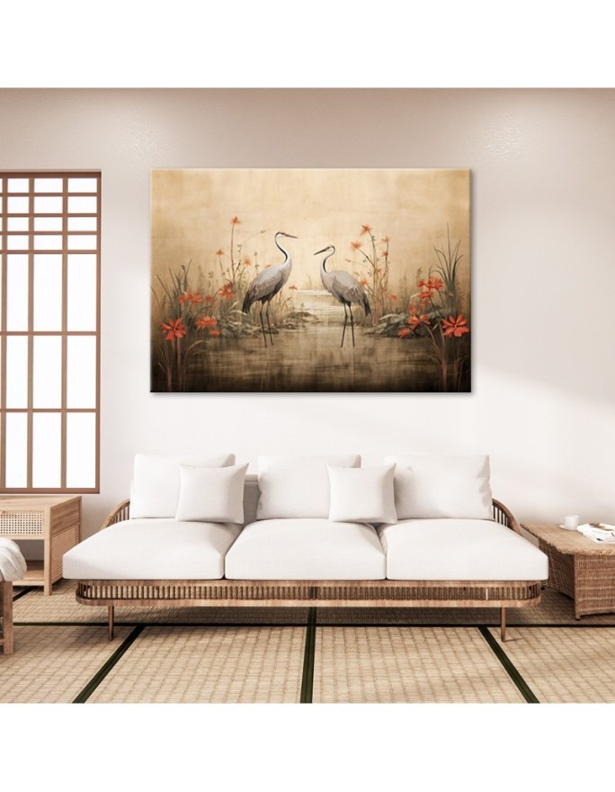 Stylish AI Canvas paintings for the living room - Cranes on a lake | FEEBY