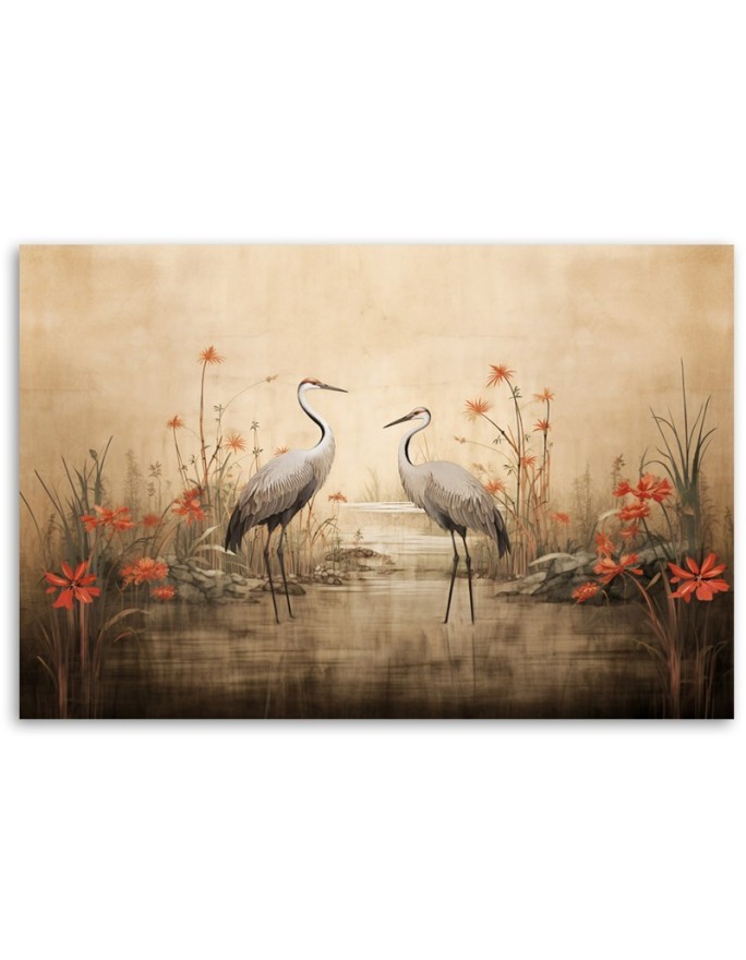 Stylish AI Canvas paintings for the living room - Cranes on a lake | FEEBY