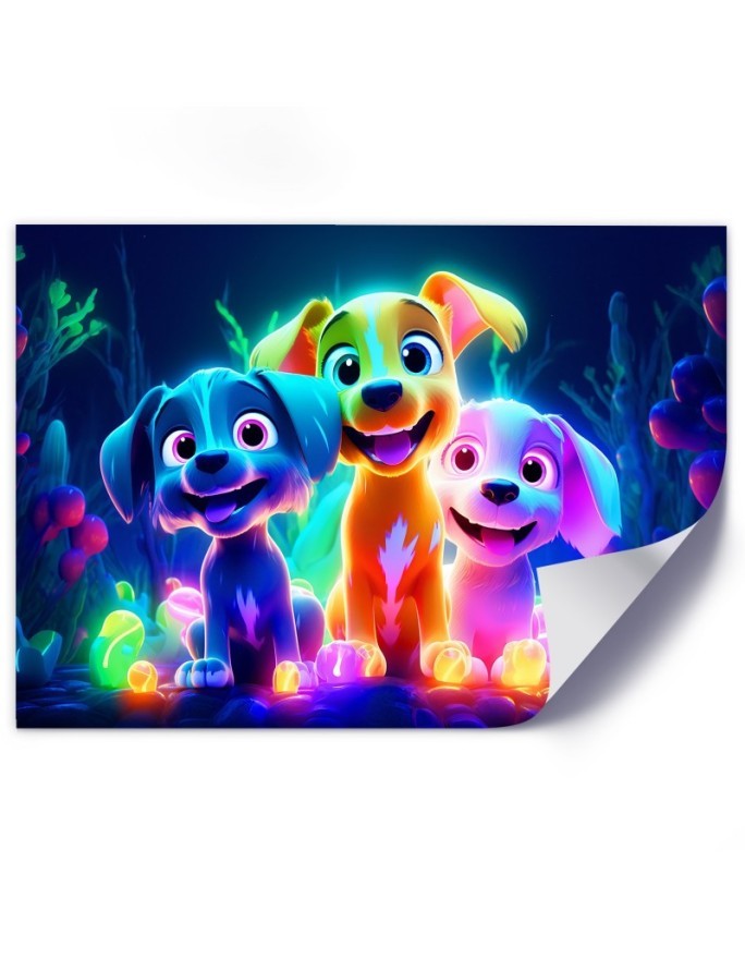 Children's room paintings AI - Neon cartoon dogs | FEEBY
