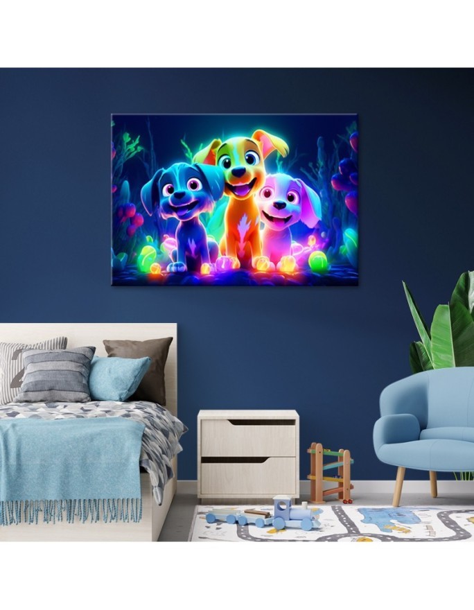 Children's room paintings AI - Neon cartoon dogs | FEEBY