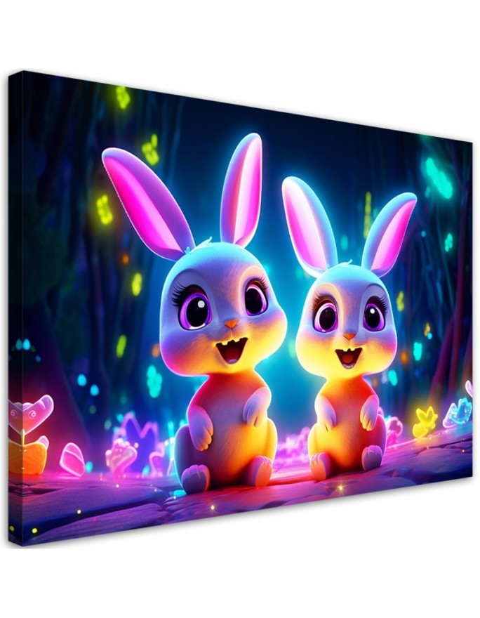 Children's room AI Canvas prints - Cartoon neon bunnies | FEEBY