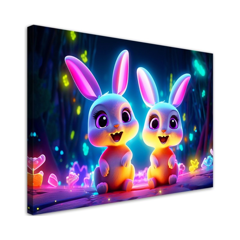Children's room AI Canvas prints - Cartoon neon bunnies | FEEBY