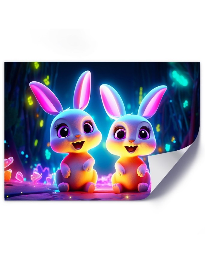 Children's room AI Canvas prints - Cartoon neon bunnies | FEEBY