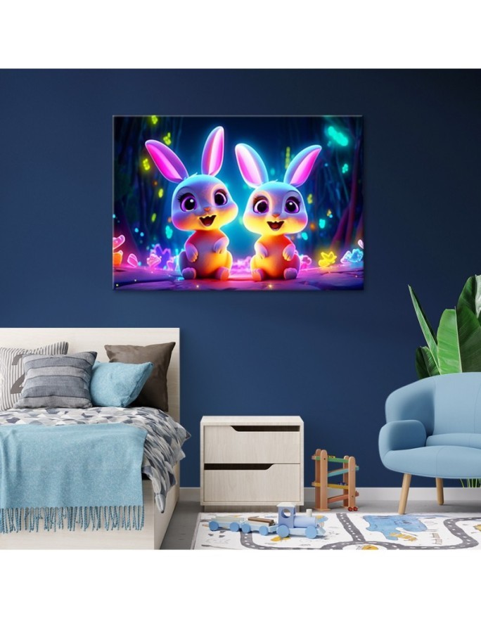 Children's room AI Canvas prints - Cartoon neon bunnies | FEEBY