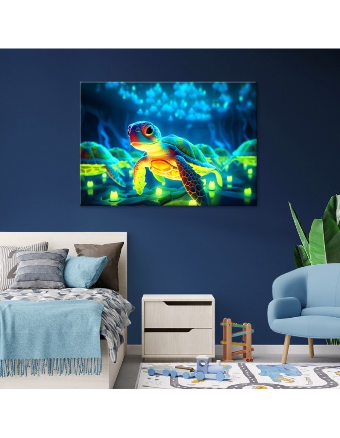Children's room Canvas pictures AI - Space turtle neon | FEEBY