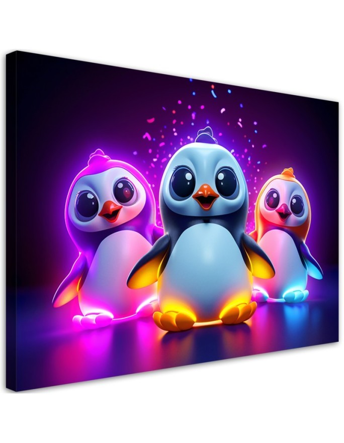 Children's room Canvas paintings AI - Neon penguins | FEEBY
