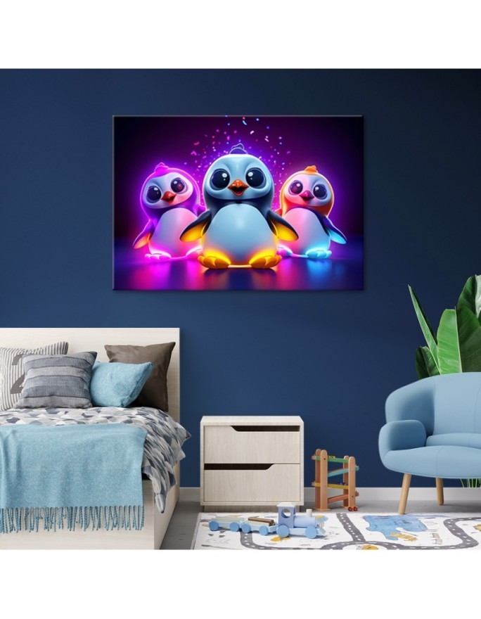 Children's room Canvas paintings AI - Neon penguins | FEEBY