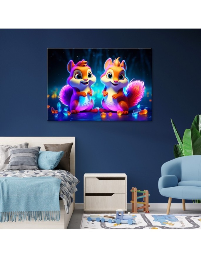 Children's room paintings AI - Neon cartoon squirrel | FEEBY