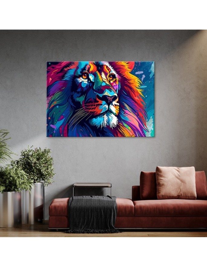 Exclusive paintings for living room - Neon colourful Lion Abstraction AI | FEEBY