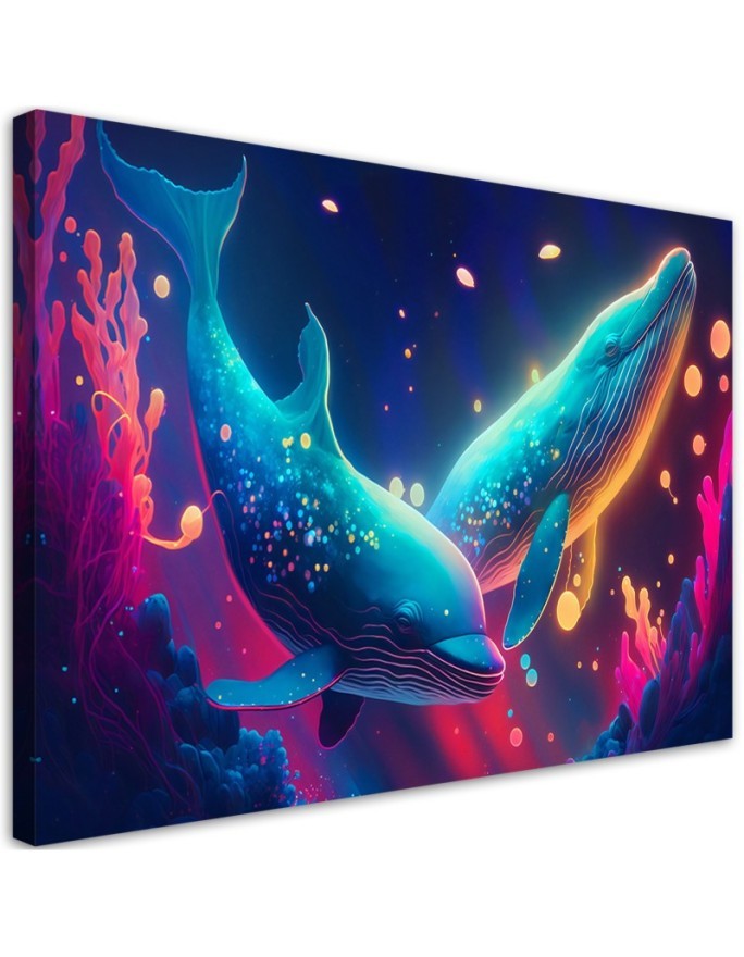 Fashionable AI Canvas prints for children - Neon whales underwater | FEEBY