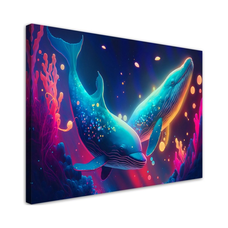 Fashionable AI Canvas prints for children - Neon whales underwater | FEEBY