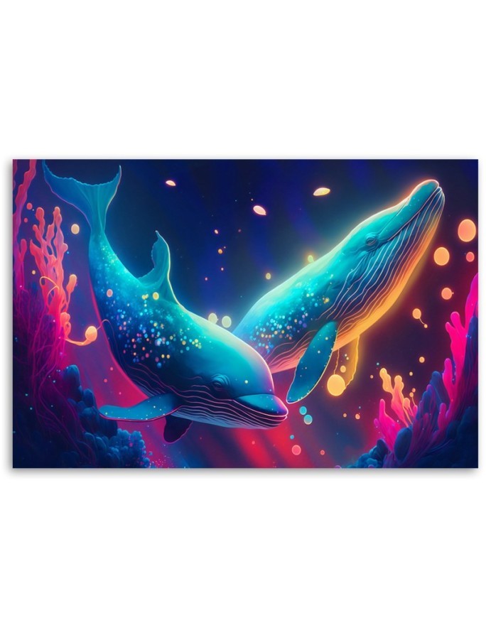 Fashionable AI Canvas prints for children - Neon whales underwater | FEEBY