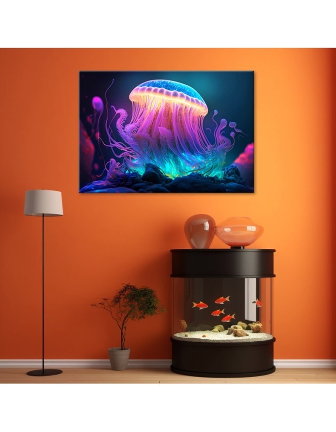 The most fashionable AI Canvas prints - Neon jellyfish | FEEBY