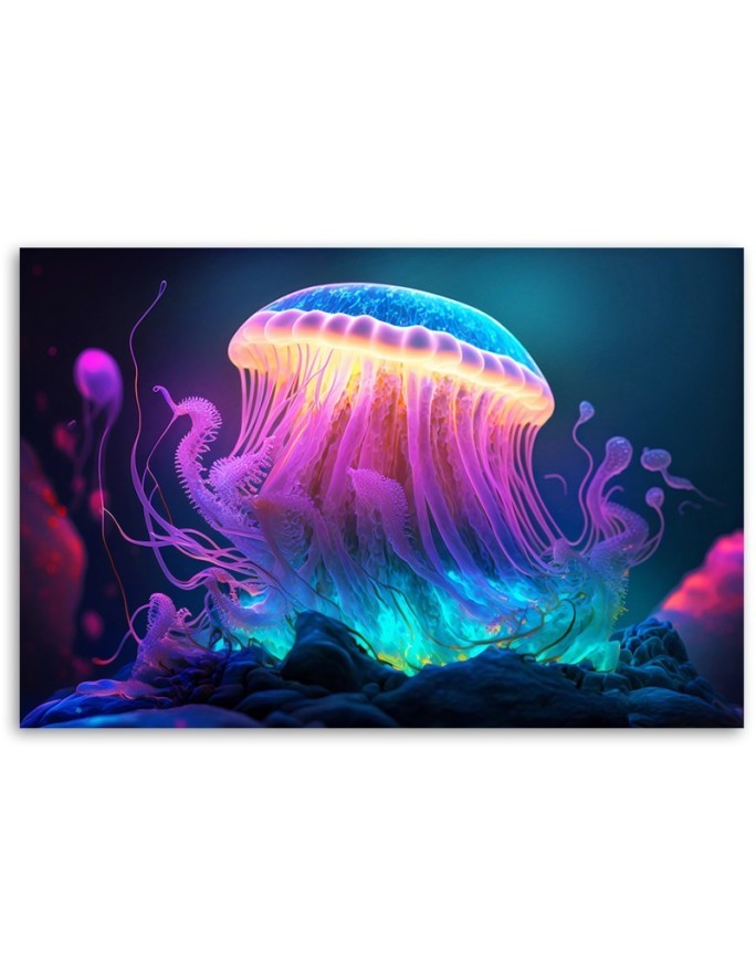The most fashionable AI Canvas prints - Neon jellyfish | FEEBY