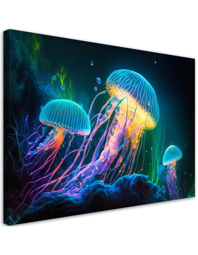 Modern AI Canvas paintings for children's room - Neon jellyfish underwater | FEEBY