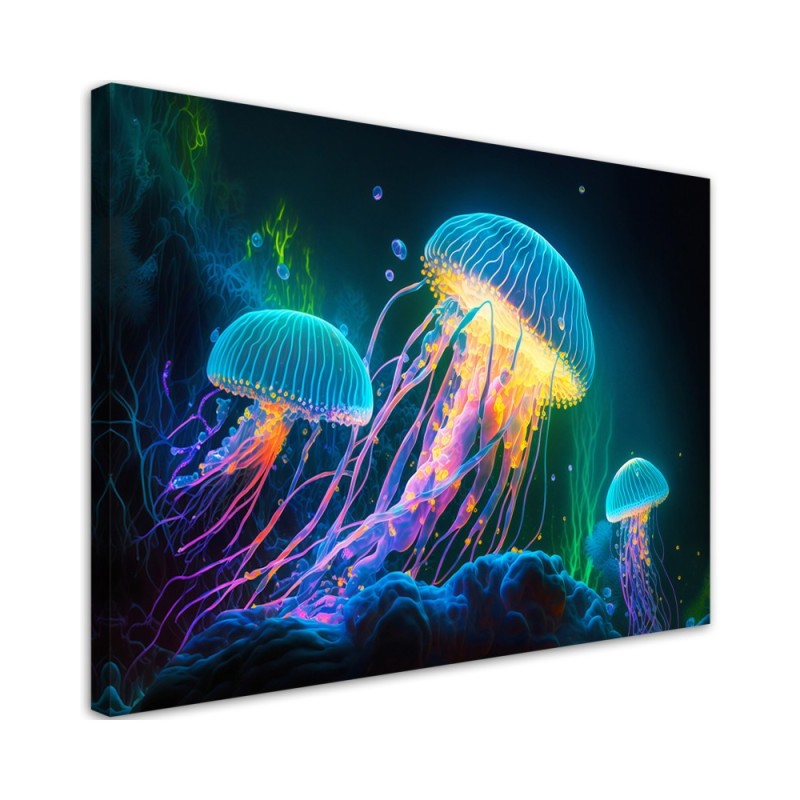 Modern AI Canvas paintings for children's room - Neon jellyfish underwater | FEEBY