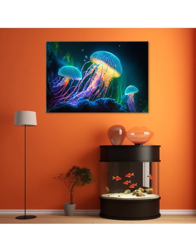 Modern AI Canvas paintings for children's room - Neon jellyfish underwater | FEEBY