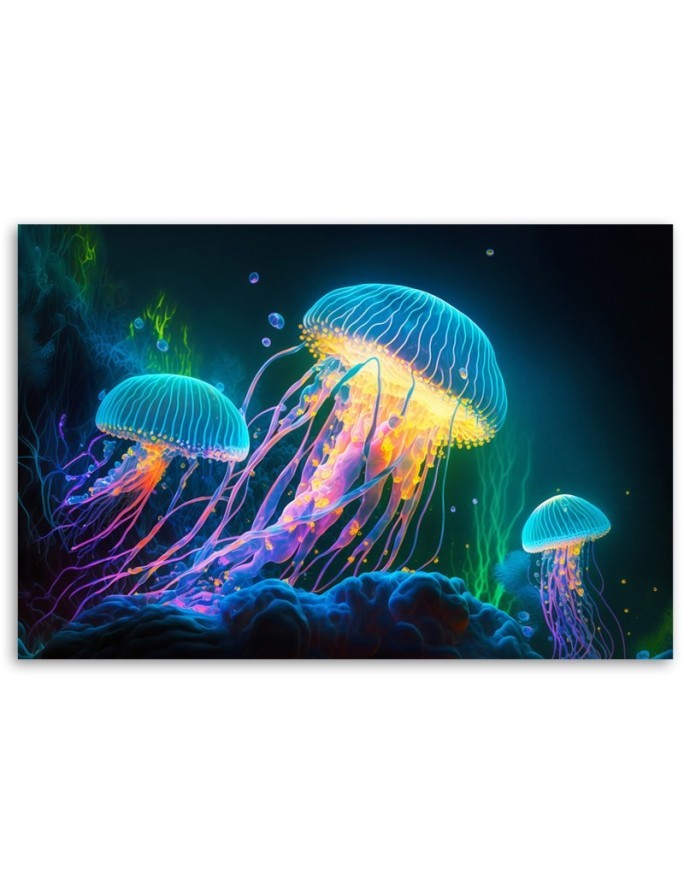 Modern AI Canvas paintings for children's room - Neon jellyfish underwater | FEEBY