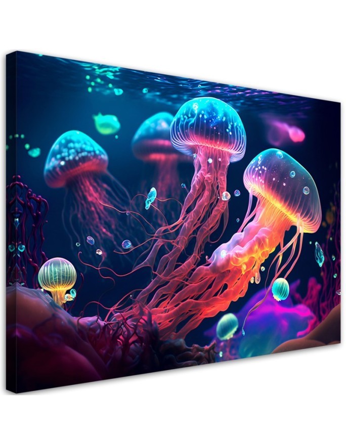 Most fashionable AI Canvas prints for children - Neon sea jellyfish | FEEBY