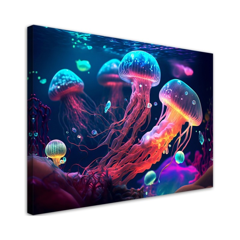 Most fashionable AI Canvas prints for children - Neon sea jellyfish | FEEBY