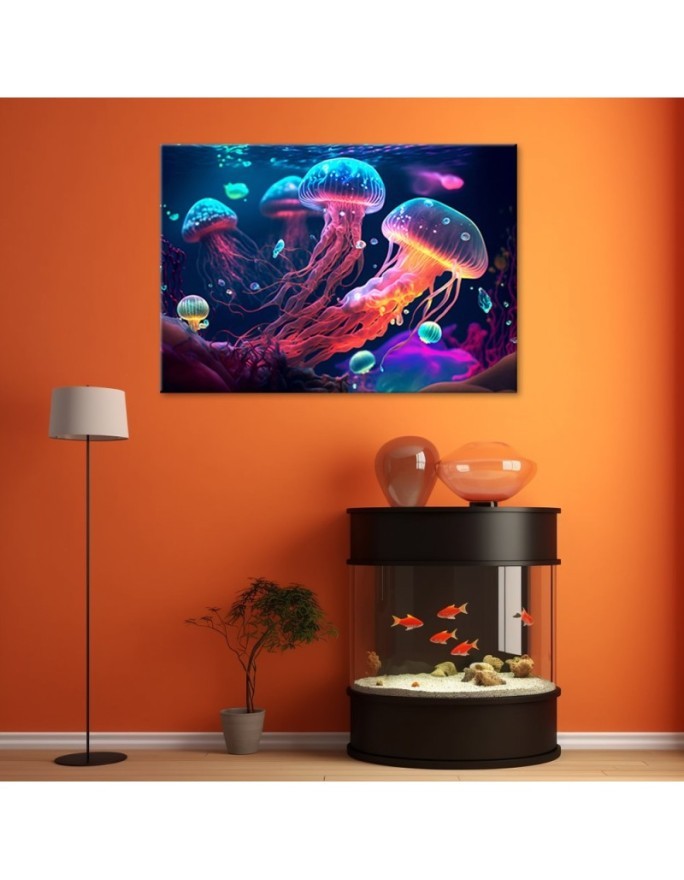 Most fashionable AI Canvas prints for children - Neon sea jellyfish | FEEBY
