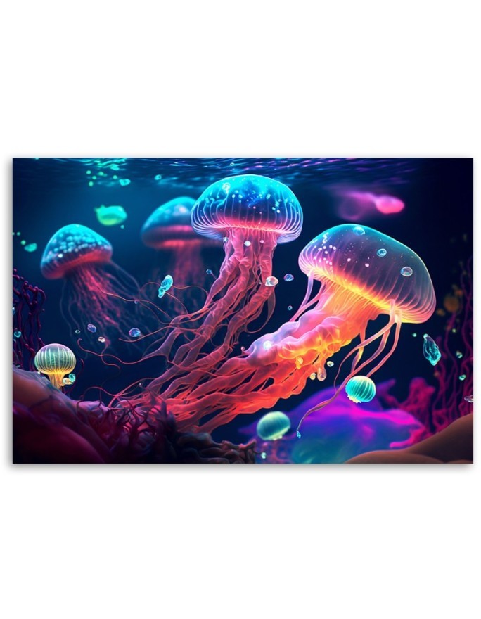 Most fashionable AI Canvas prints for children - Neon sea jellyfish | FEEBY