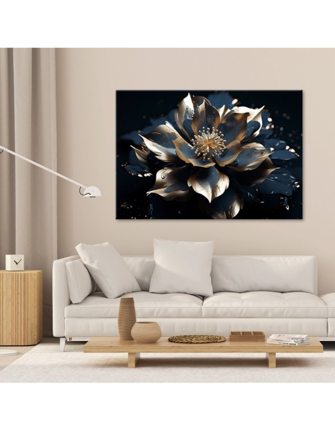 Wall painting for living room - Blue gold lotus flower 3D | FEEBY