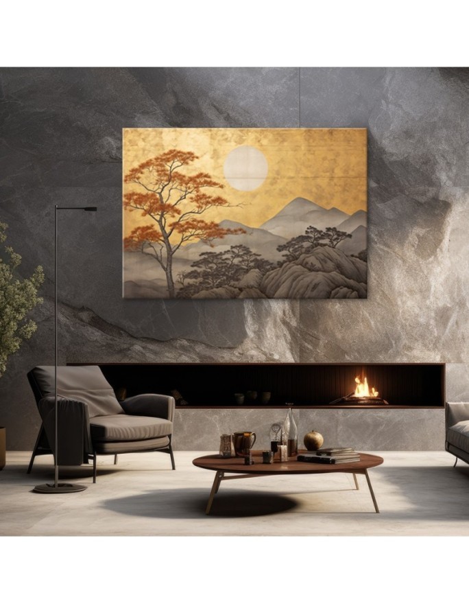 Modern painting for living room - Golden mountain landscape | FEEBY