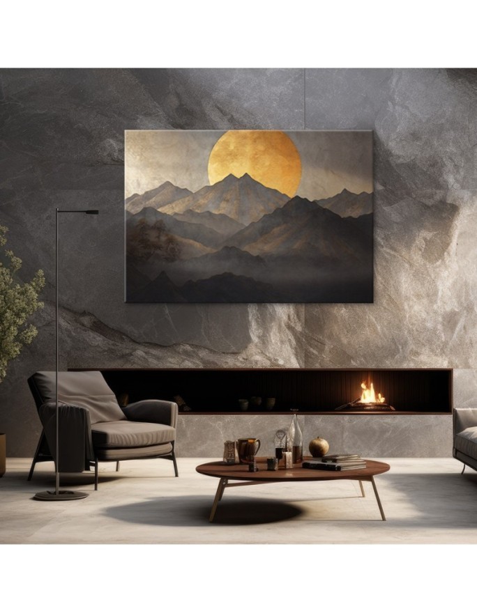 Boho painting - Golden sun and mountains | FEEBY