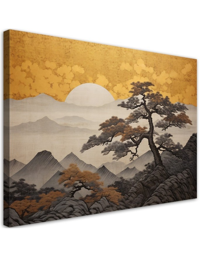 Wall canvas print - Japanese landscape on a golden background | FEEBY