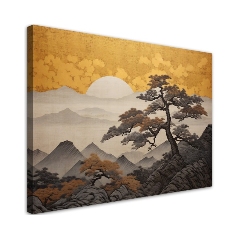 Wall canvas print - Japanese landscape on a golden background | FEEBY